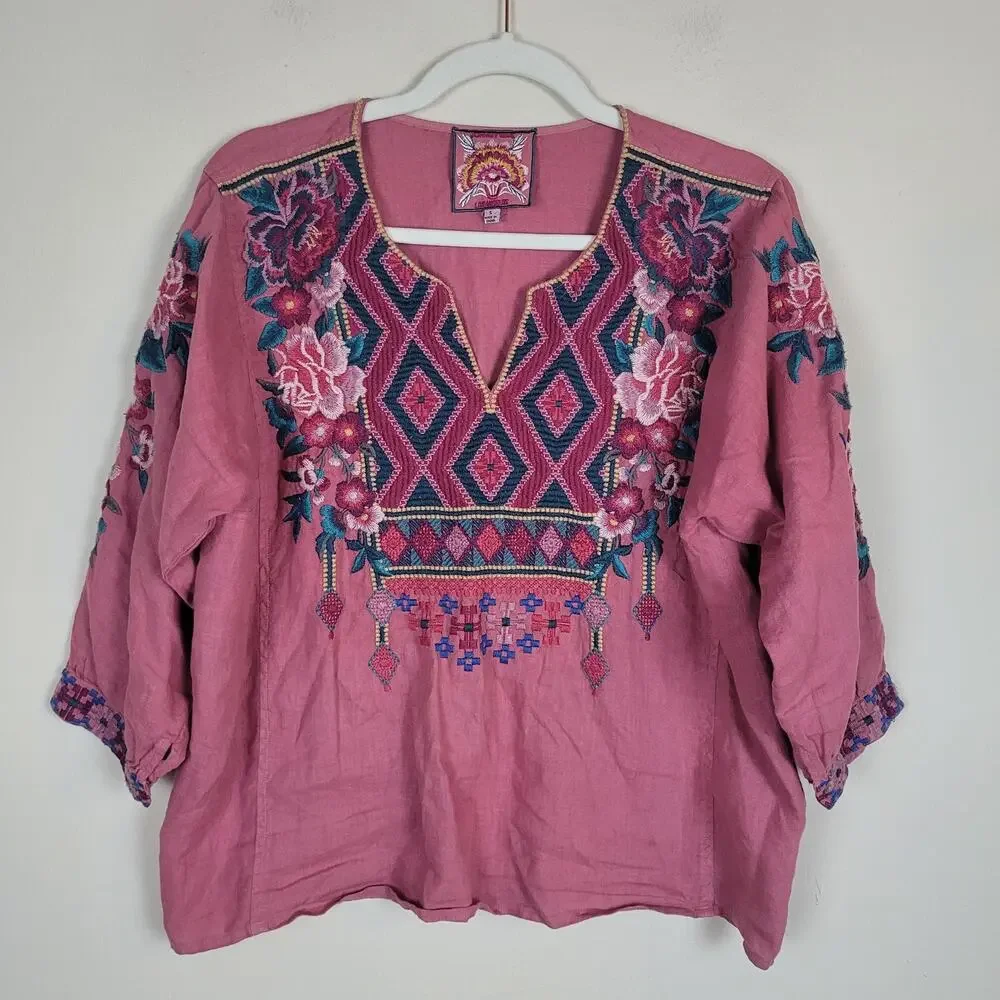 Johnny Was Blouse Small Pink V Neck Peasant Embroidered Linen Tunic Boho Folk